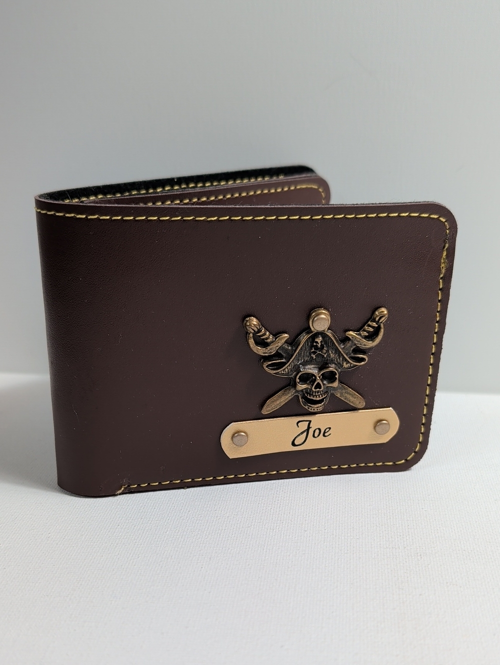 Custom Brown Leather Pirate Skull Bifold Wallet "Joe"
